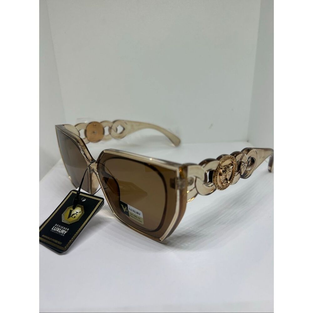 VG Oversized Square Sunglasses Designer Style Brown Gradient Luxe Chain Detail